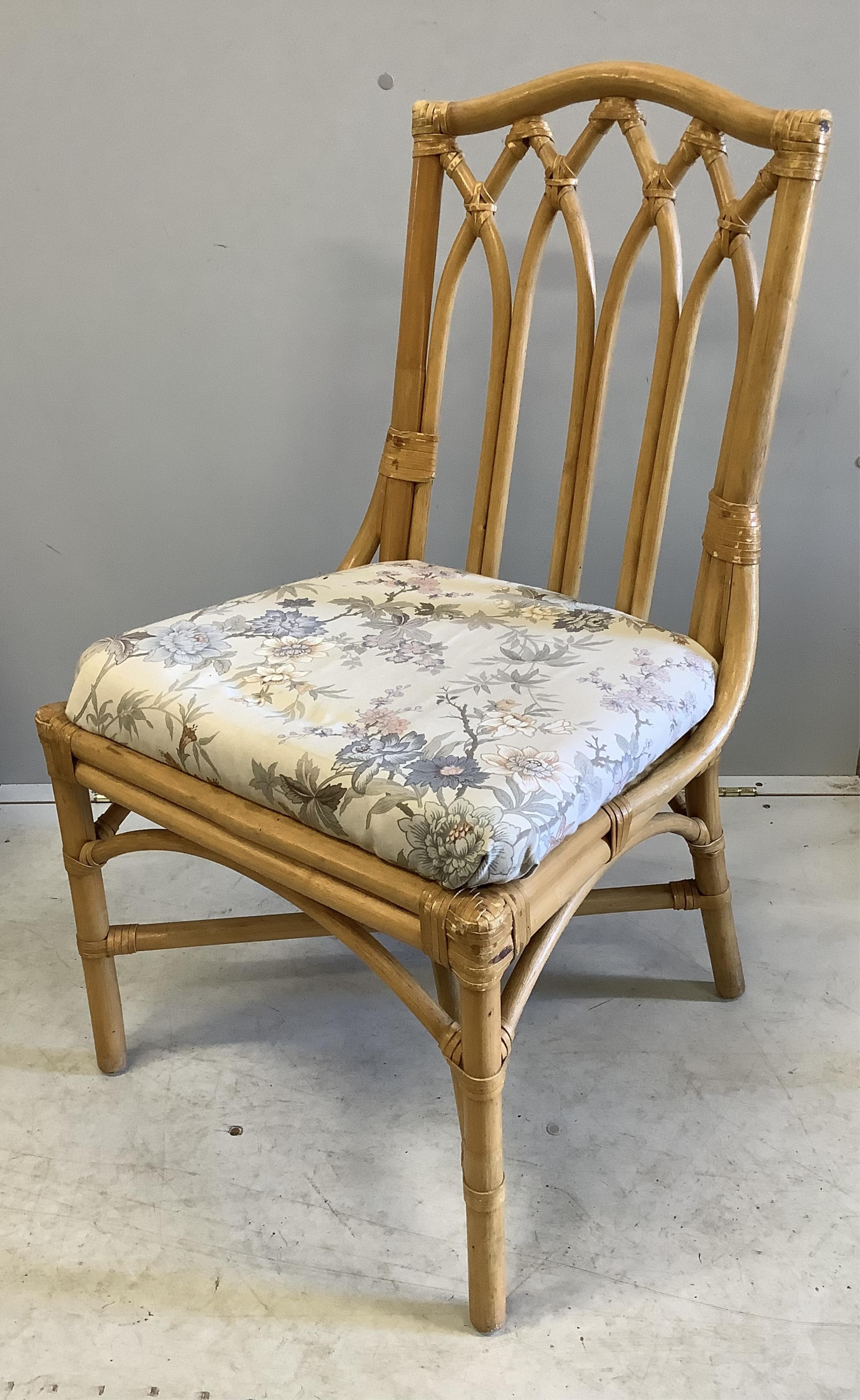 A set of four bamboo conservatory chairs, width 50cm, depth 46cm, height 92cm. Condition - good